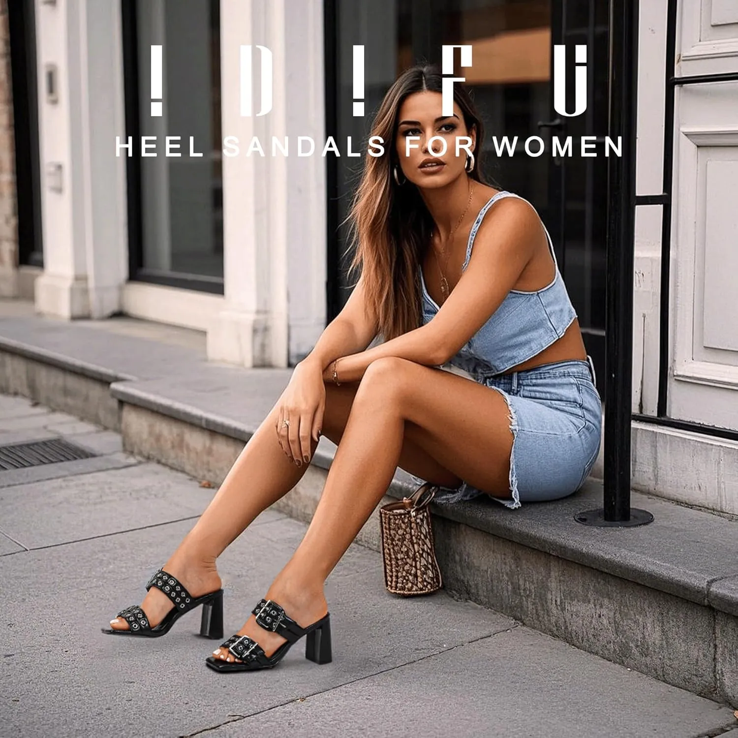 IDIFU IN3 Square Open Toe Heels Double Buckle Slip On Chunky Low Block Short Heel Sandals for Women Summer Trendy Comfortable Fashion Party Prom Dress Shoes Eyelets Belt Strap Slide Mule Heels