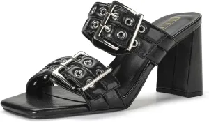 IDIFU IN3 Square Open Toe Heels Double Buckle Slip On Chunky Low Block Short Heel Sandals for Women Summer Trendy Comfortable Fashion Party Prom Dress Shoes Eyelets Belt Strap Slide Mule Heels