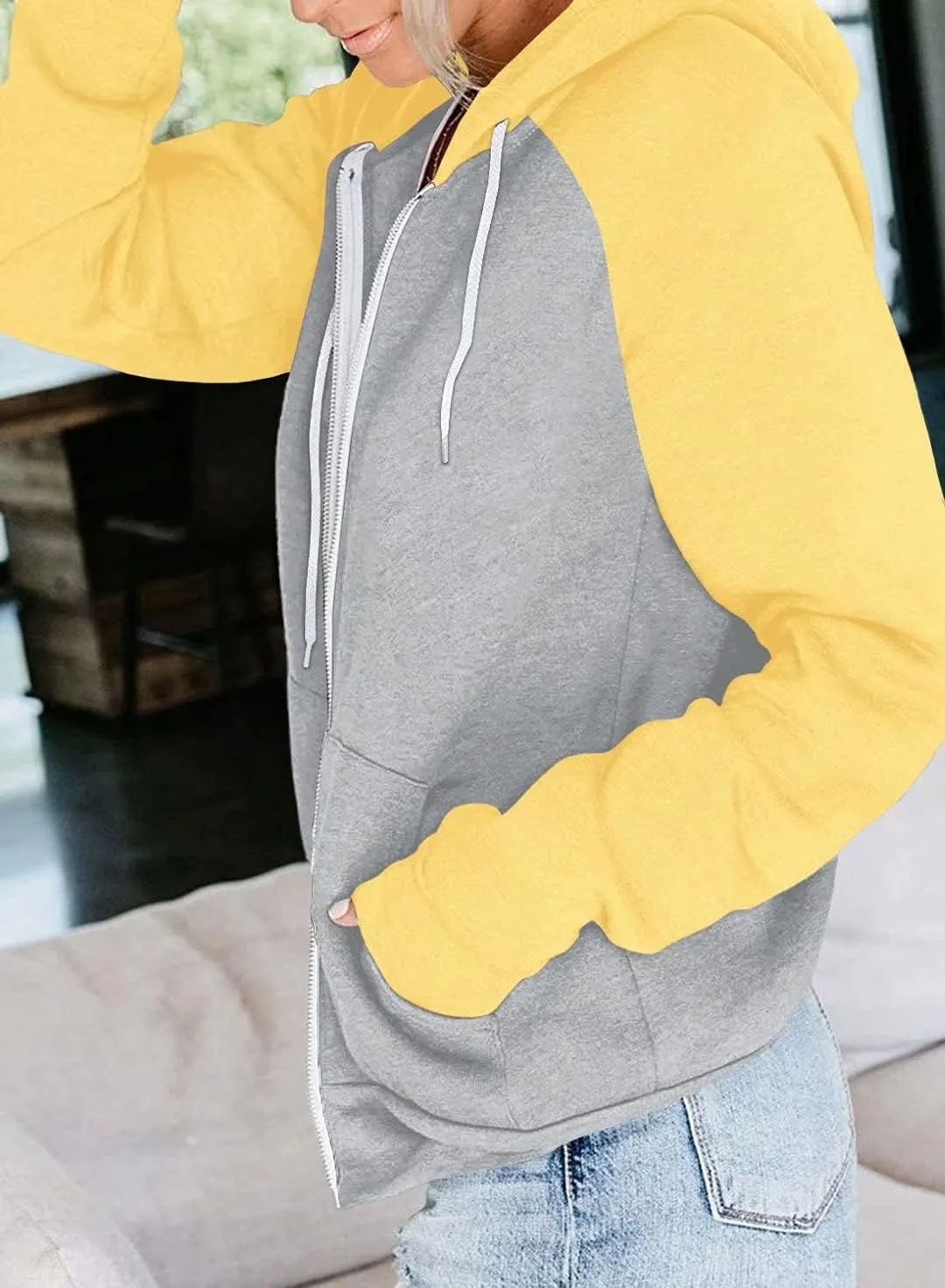 INFITTY Women's Casual Color Block Long Sleeve Zip Up Hooded Sweatshirt Lightweight Hoodies Jacket with Pocket