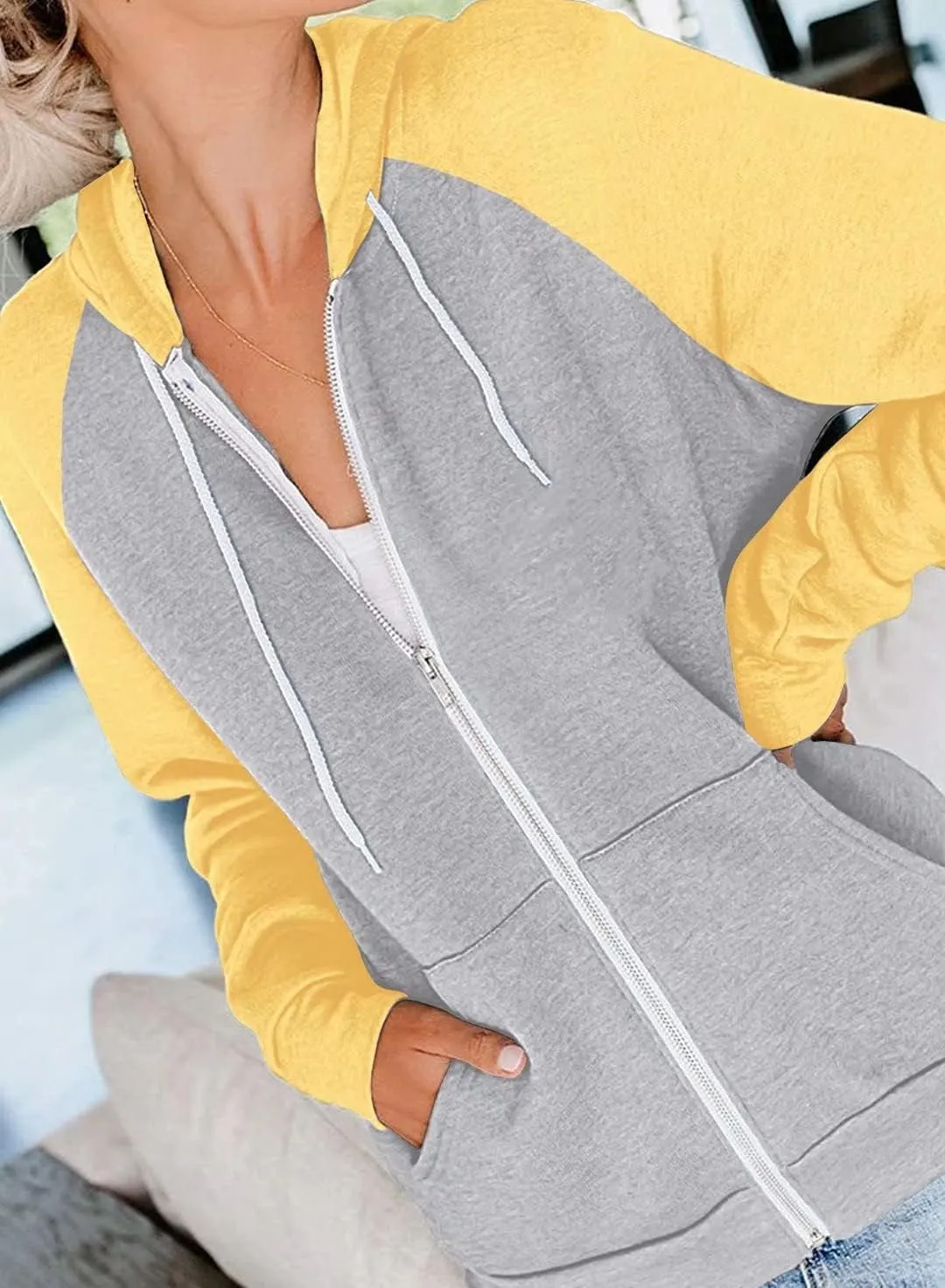 INFITTY Women's Casual Color Block Long Sleeve Zip Up Hooded Sweatshirt Lightweight Hoodies Jacket with Pocket