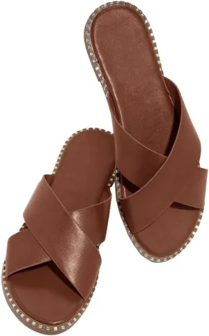 Jeimpoey Womens Studded Flat Sandals Open Toe Slip on Mule Slides Crossed Strap Slipper