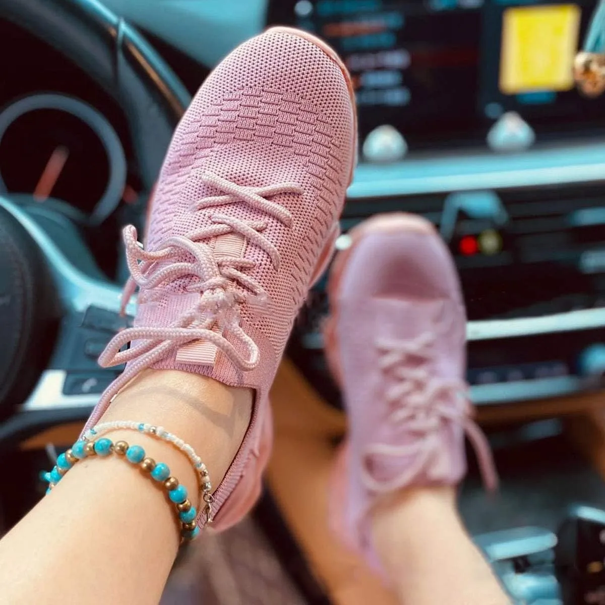 JITUUE Women's Fashion Sneakers Flying Woven Breathable Air Cushion Flat Sole Shoes Lace-up Decorative Elastic Slip-on