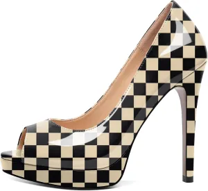 Joseywade Platform Stiletto Heels Peep Toe High Heel Pumps Women's 5 Inch Party Dance Dressy Slip On Shoes