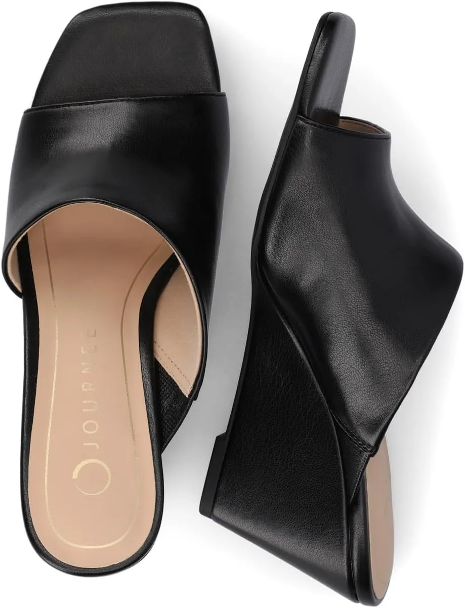 Journee Womens cushioned footbeds Clementine wedge heel sandal D'orsay open toe slip-on faux leather