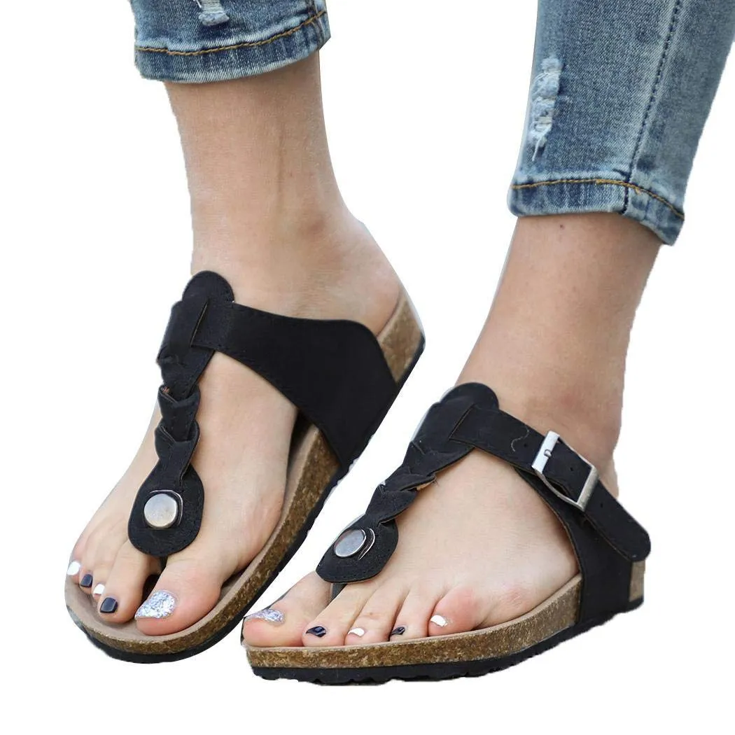 Kaluo Women Casual Solid Braided Flip-Flop Shoes Flat Sandals Black