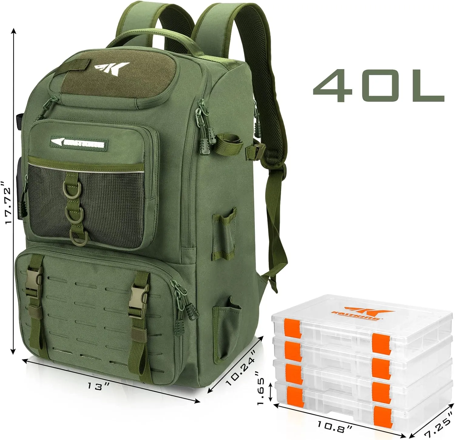 KastKing Karryall Fishing Tackle Backpack with Rod Holders 4 Tackle Boxes,40L Fishing Bag Storage Fishing Gear and Equipment