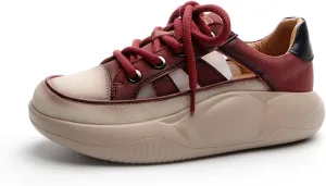 KCTRFSJ Women's Leather Hollow Casual Platform Sneakers,Fashion Lace-up Breathable Increasing Walking Shoes,Comfortable Low Top Non-Slip Running Sports Shoe