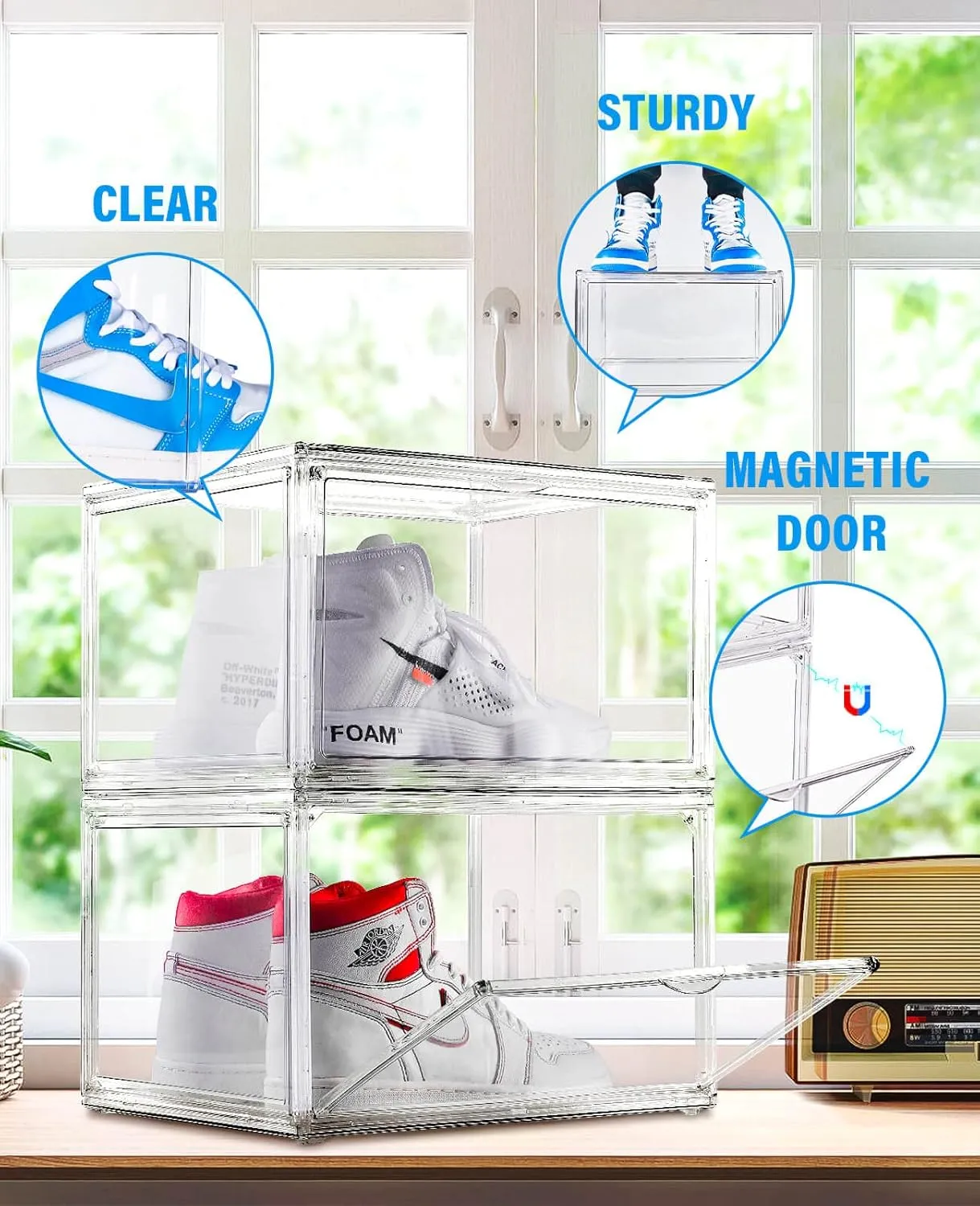 KDOR Display Case Clear Shoe Boxes Stackable, 3 Pack Side-opening Shoe Box with Magnetic Door, No Pattern At All, Shoe Storage for Sneakerheads, Block of UV Protect your Shoes