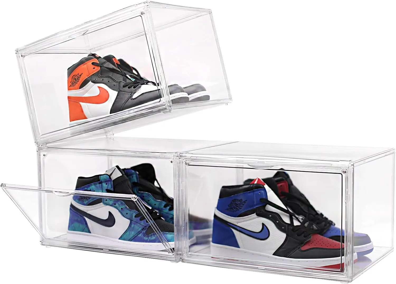 KDOR Display Case Clear Shoe Boxes Stackable, 3 Pack Side-opening Shoe Box with Magnetic Door, No Pattern At All, Shoe Storage for Sneakerheads, Block of UV Protect your Shoes