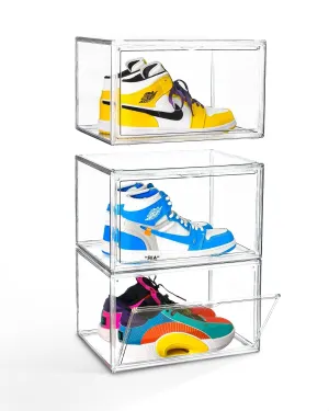 KDOR Display Case Clear Shoe Boxes Stackable, 3 Pack Side-opening Shoe Box with Magnetic Door, No Pattern At All, Shoe Storage for Sneakerheads, Block of UV Protect your Shoes