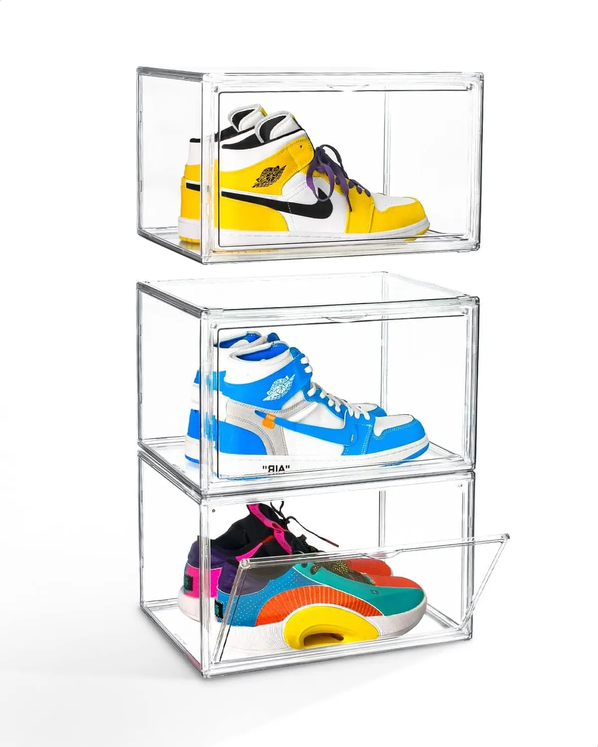 KDOR Display Case Clear Shoe Boxes Stackable, 3 Pack Side-opening Shoe Box with Magnetic Door, No Pattern At All, Shoe Storage for Sneakerheads, Block of UV Protect your Shoes