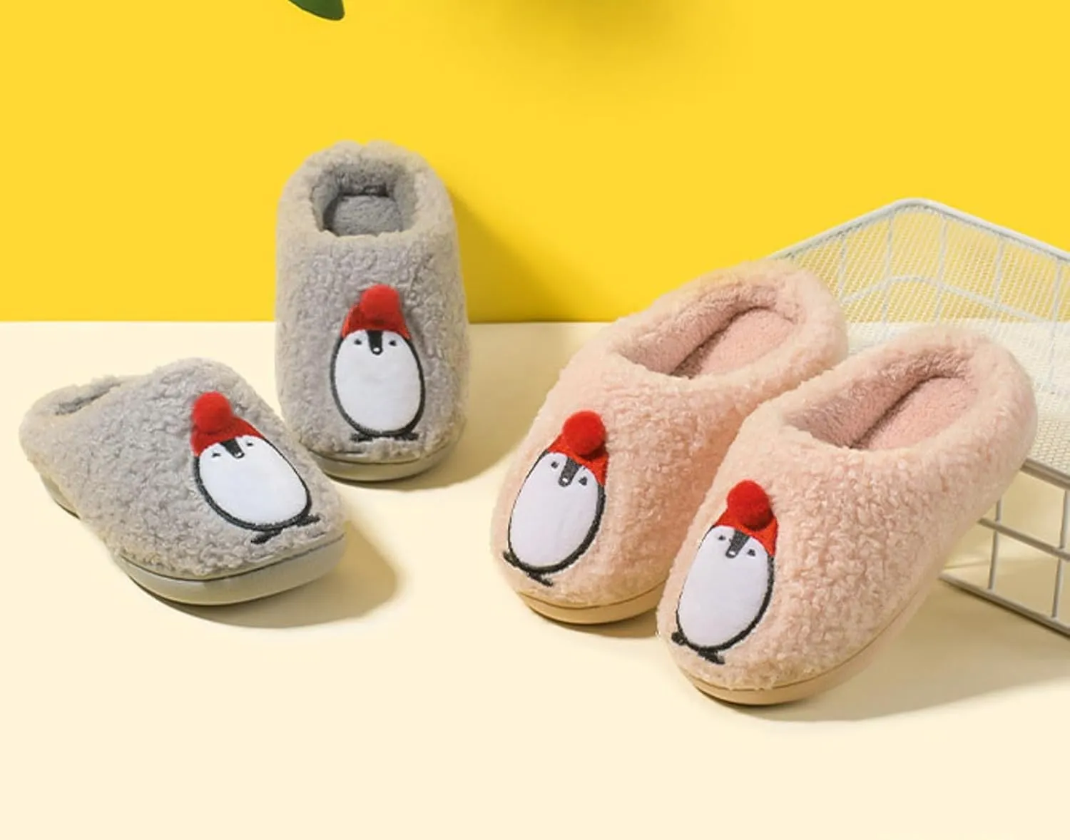 Kids Winter Plush Cartoon Penguin Slippers Boys Girls Fuzzy Non Slip Indoor Floor Slippers