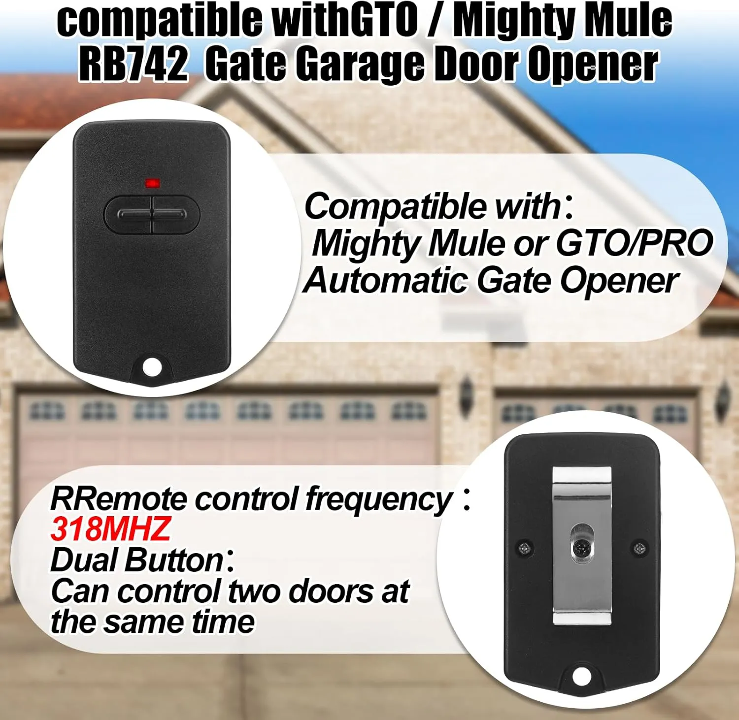 Kingdder 4 Pieces Dual Button Gate Opener Remote Compatible with Mighty Mule(FM134), 318mhz Garage Door Remote Control Compatible with GTO RB742 Gate Openers Transmitter with Visor Clip, Black