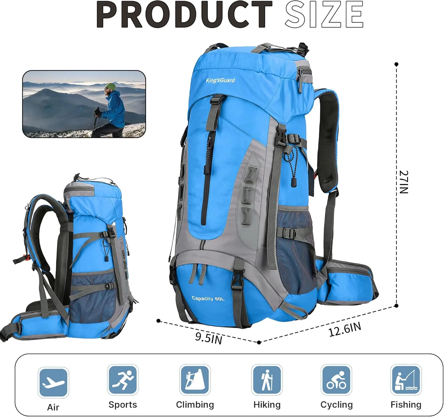 King'sGuard 60L Hiking Backpack Men Women Camping Backpack Waterproof Backpacking Mountaineering Climbing Daypack with Rain Cover (Blue)