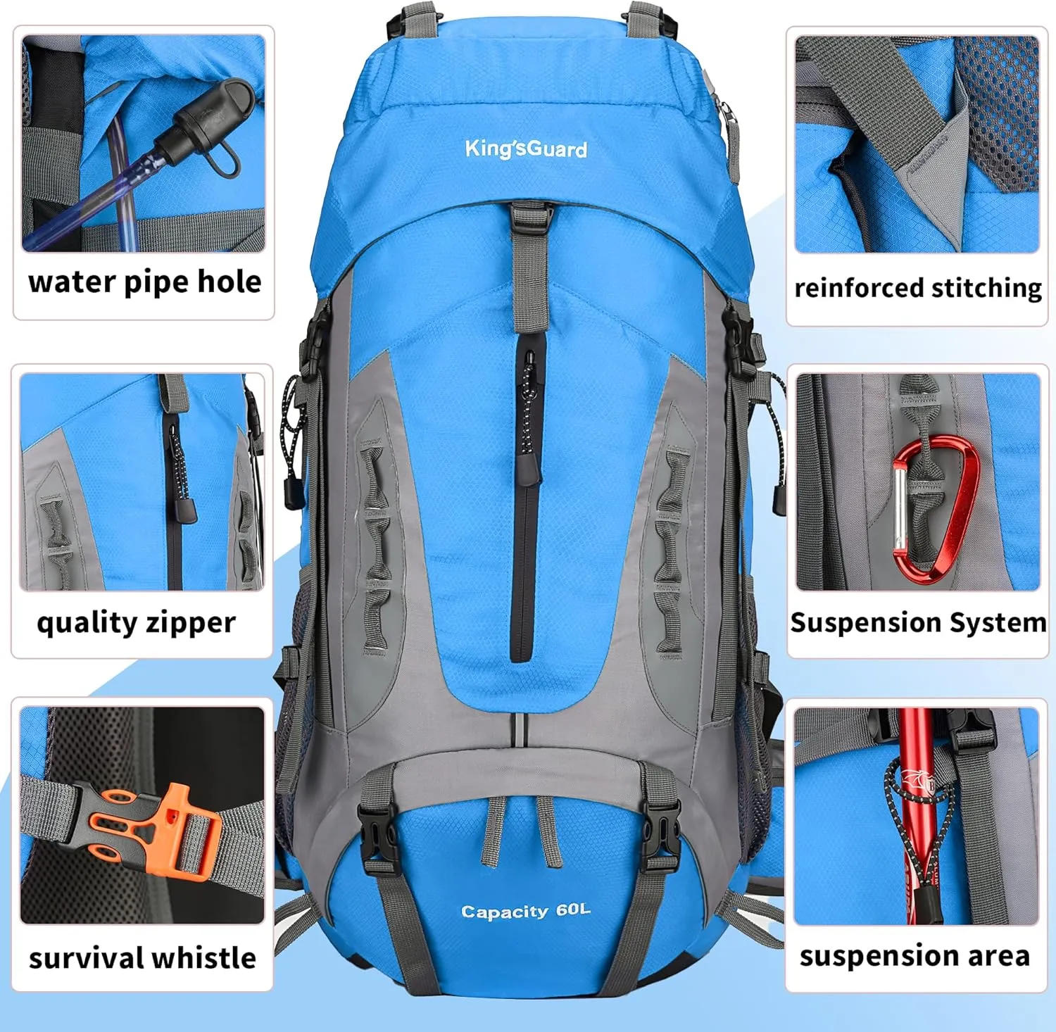 King'sGuard 60L Hiking Backpack Men Women Camping Backpack Waterproof Backpacking Mountaineering Climbing Daypack with Rain Cover (Blue)
