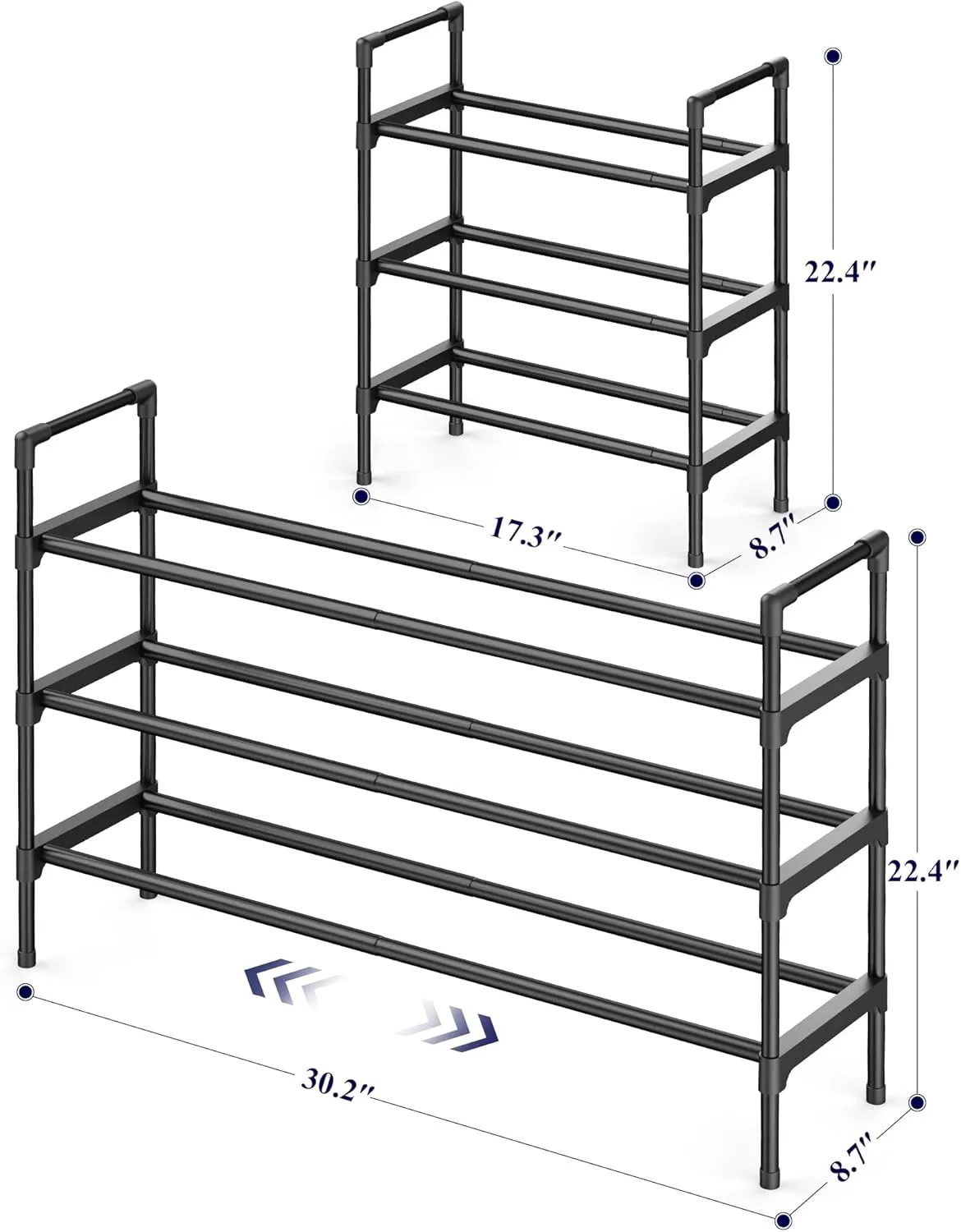 Kitsure Shoe Rack for Closet - Expandable Shoe Rack for Front Door Entrance, Rustproof Shoe Organizer for Entryway with Portable Handles, Black, 17.3″~30.2″ x 22.4″