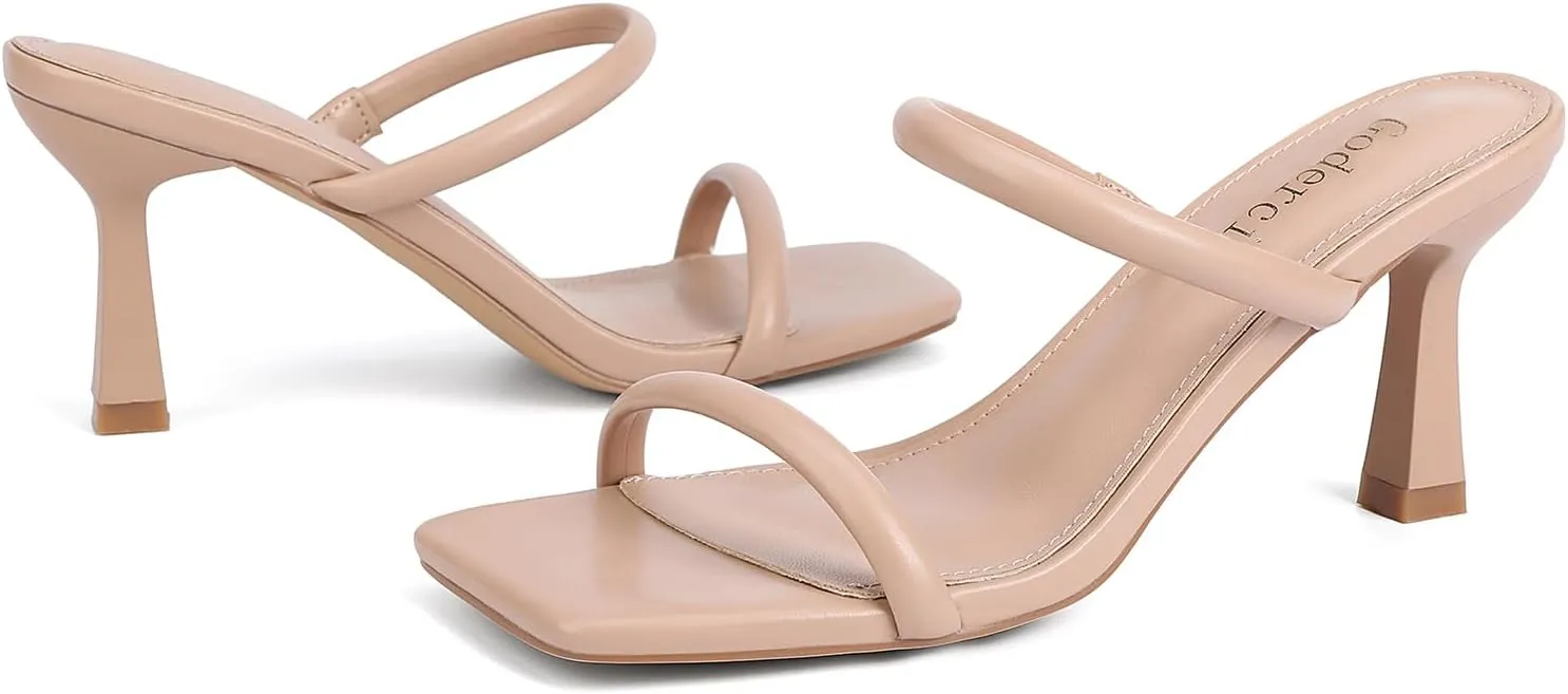 Kitten Heels for Women Two Strap Mules Mid Square Open Toe Slip On Heeled Sandals