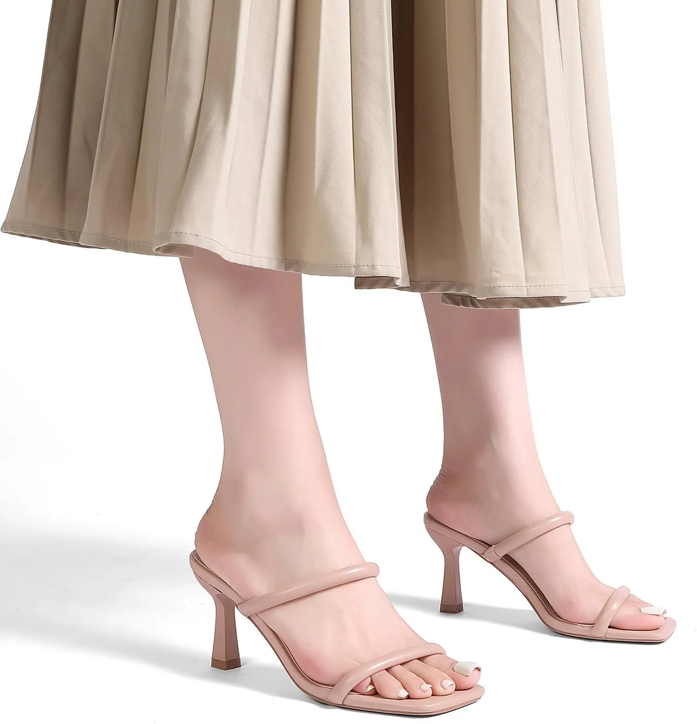 Kitten Heels for Women Two Strap Mules Mid Square Open Toe Slip On Heeled Sandals