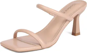 Kitten Heels for Women Two Strap Mules Mid Square Open Toe Slip On Heeled Sandals