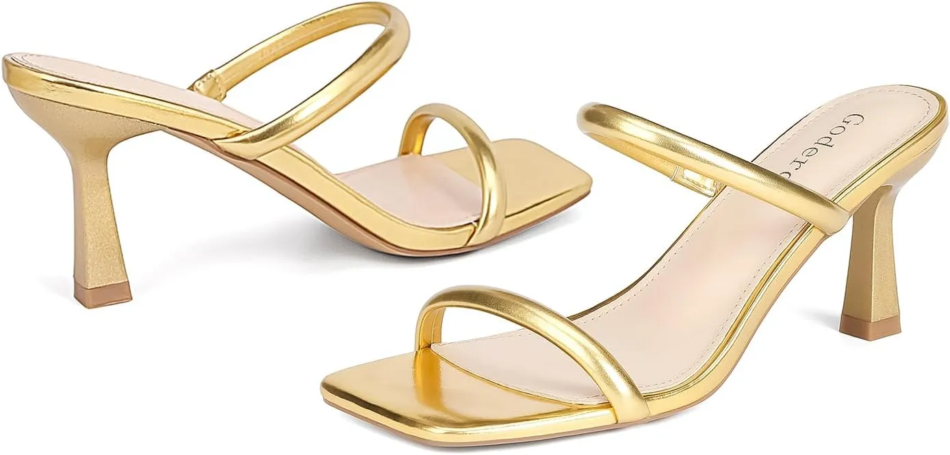 Kitten Heels for Women Two Strap Mules Mid Square Open Toe Slip On Heeled Sandals