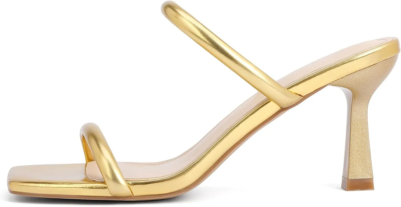 Kitten Heels for Women Two Strap Mules Mid Square Open Toe Slip On Heeled Sandals