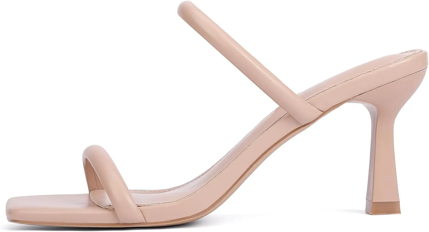 Kitten Heels for Women Two Strap Mules Mid Square Open Toe Slip On Heeled Sandals