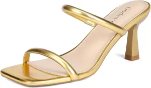 Kitten Heels for Women Two Strap Mules Mid Square Open Toe Slip On Heeled Sandals