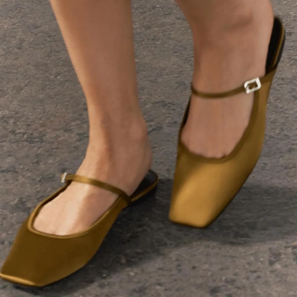 Kluolandi Flat Mules for Women Square Toe Mule Ballet Flats with Strap Comfortable Closed Toe Slides Shoes