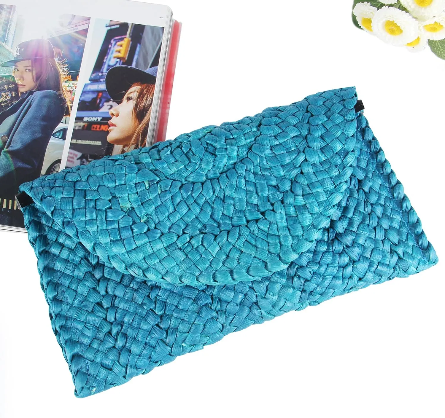 KUANG! Womens Straw Clutch Purse Handbag Shoulder Clutch Envelope Wallet Beach Straw Purse for Ladies