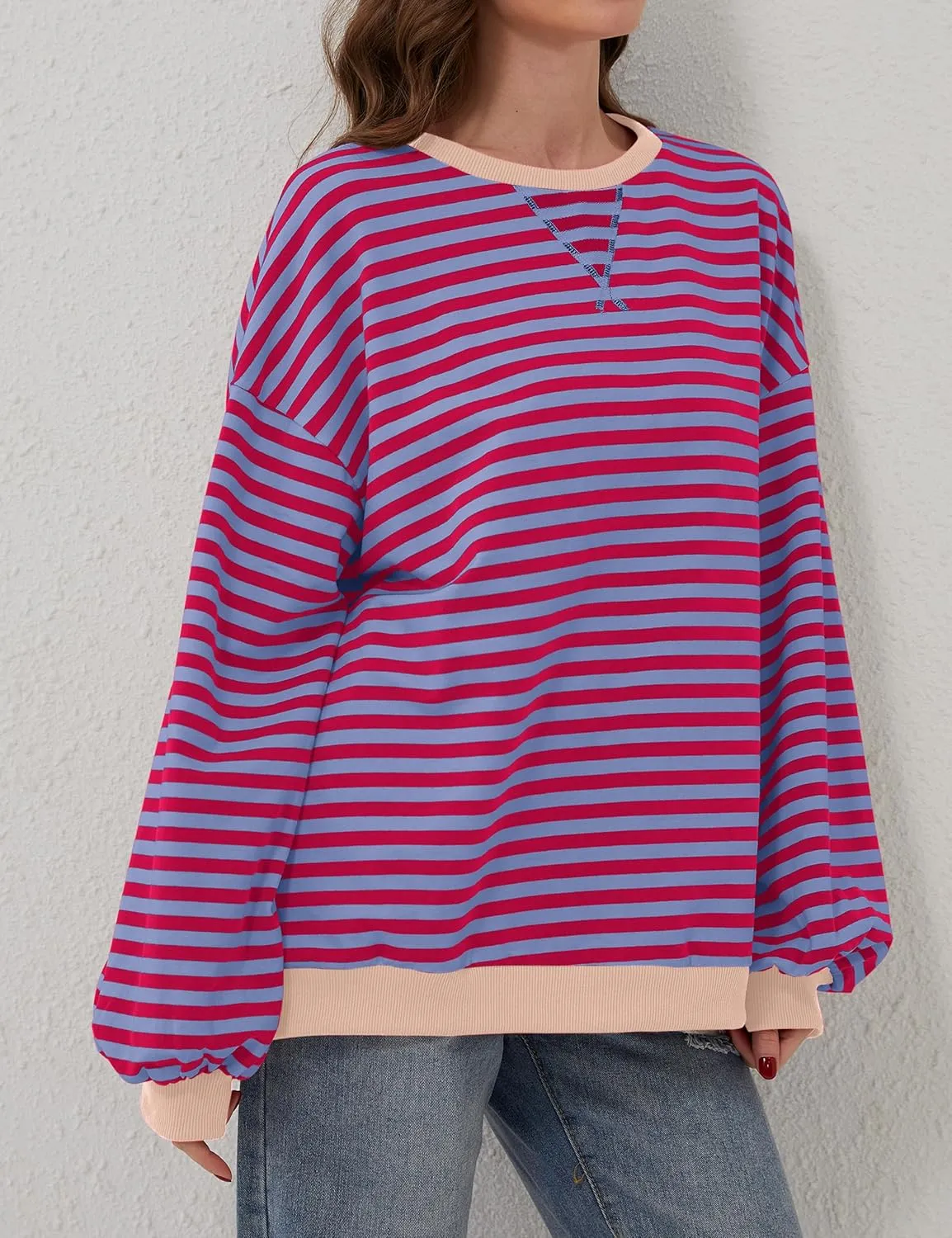 Labolliy Women Striped Oversized Sweatshirt Color Block Crew Neck Long Sleeve Shirt Casual Pullover Top Fall Y2K Clothes