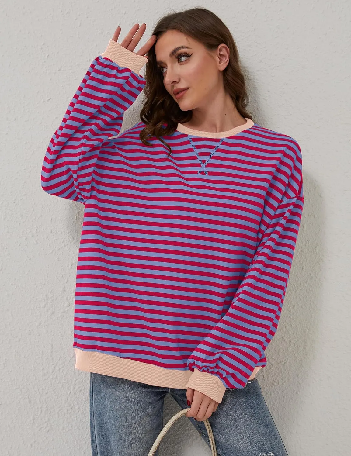 Labolliy Women Striped Oversized Sweatshirt Color Block Crew Neck Long Sleeve Shirt Casual Pullover Top Fall Y2K Clothes