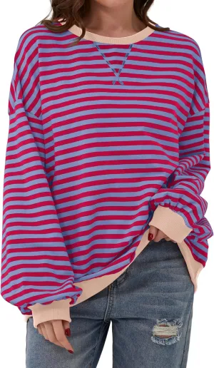 Labolliy Women Striped Oversized Sweatshirt Color Block Crew Neck Long Sleeve Shirt Casual Pullover Top Fall Y2K Clothes