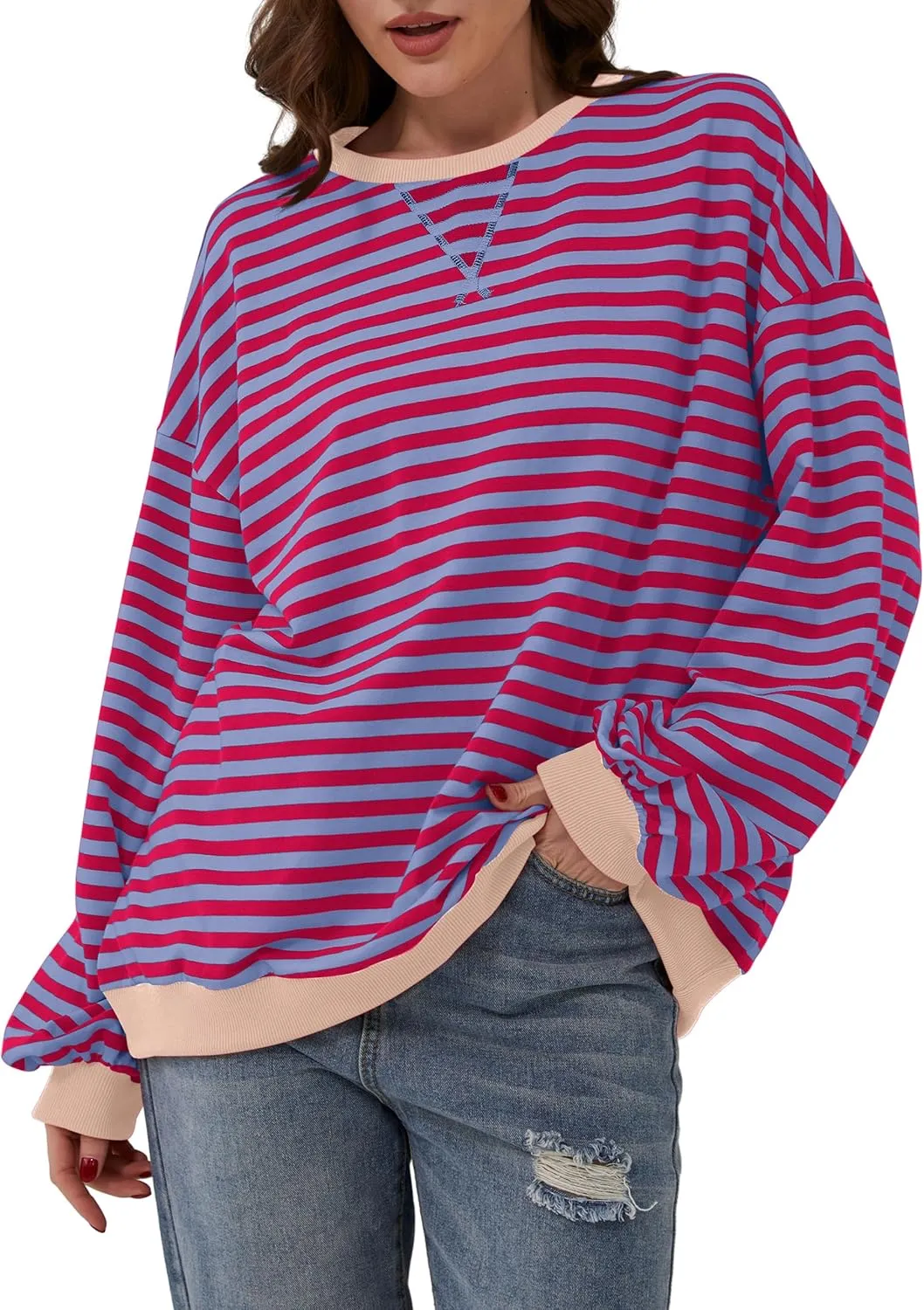 Labolliy Women Striped Oversized Sweatshirt Color Block Crew Neck Long Sleeve Shirt Casual Pullover Top Fall Y2K Clothes