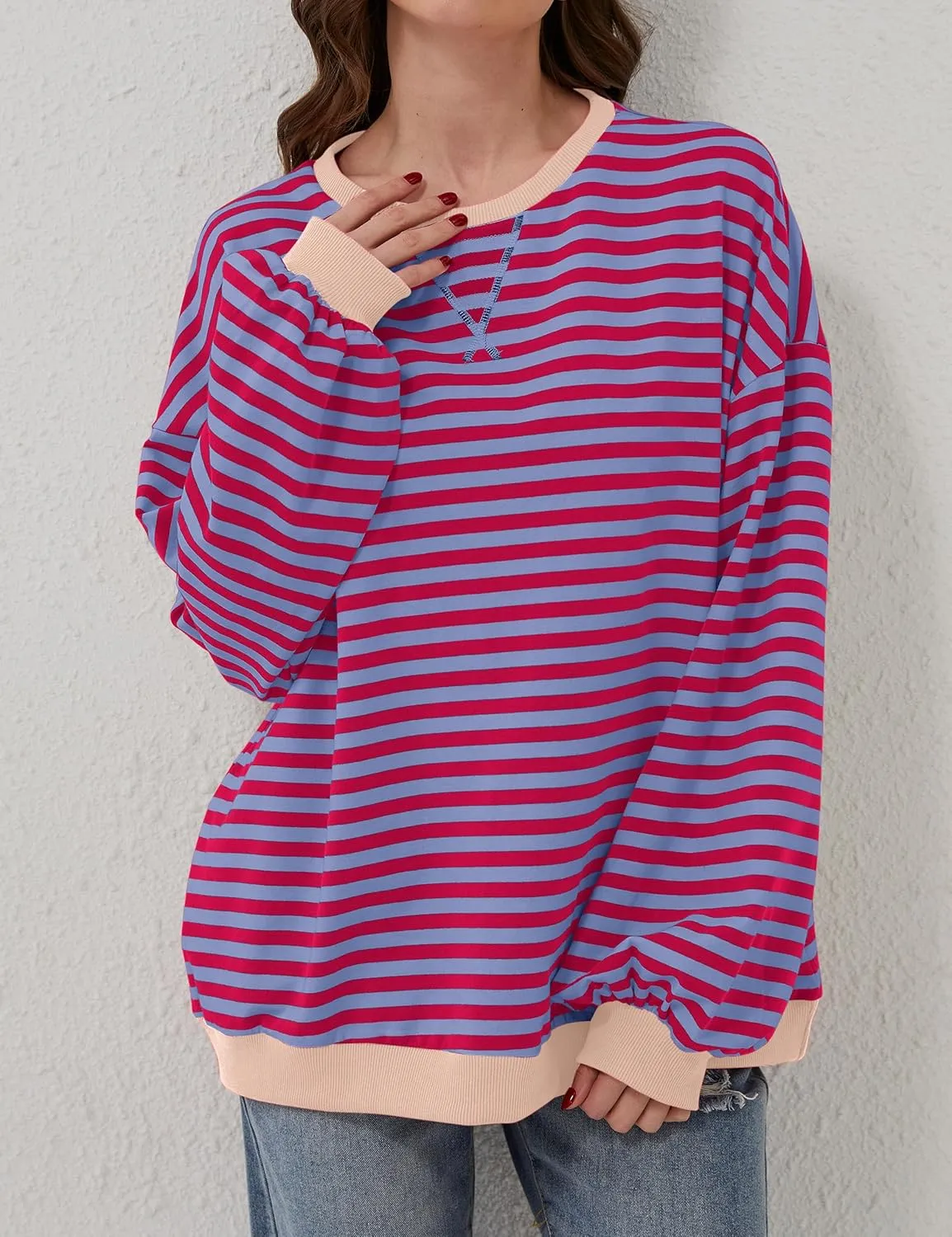 Labolliy Women Striped Oversized Sweatshirt Color Block Crew Neck Long Sleeve Shirt Casual Pullover Top Fall Y2K Clothes