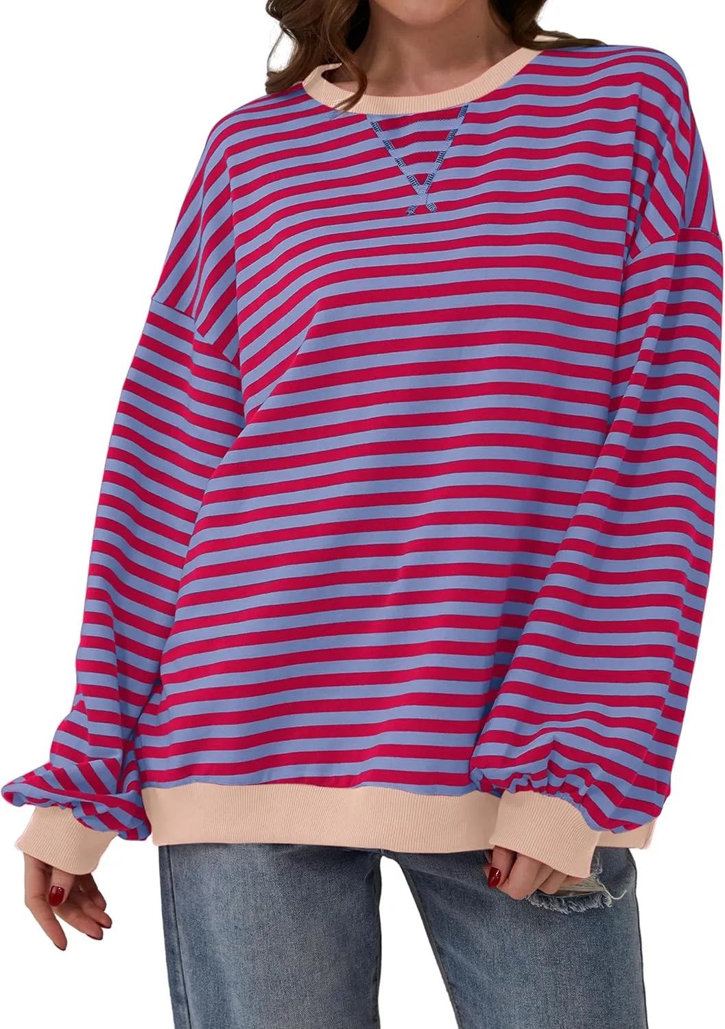 Labolliy Women Striped Oversized Sweatshirt Color Block Crew Neck Long Sleeve Shirt Casual Pullover Top Fall Y2K Clothes