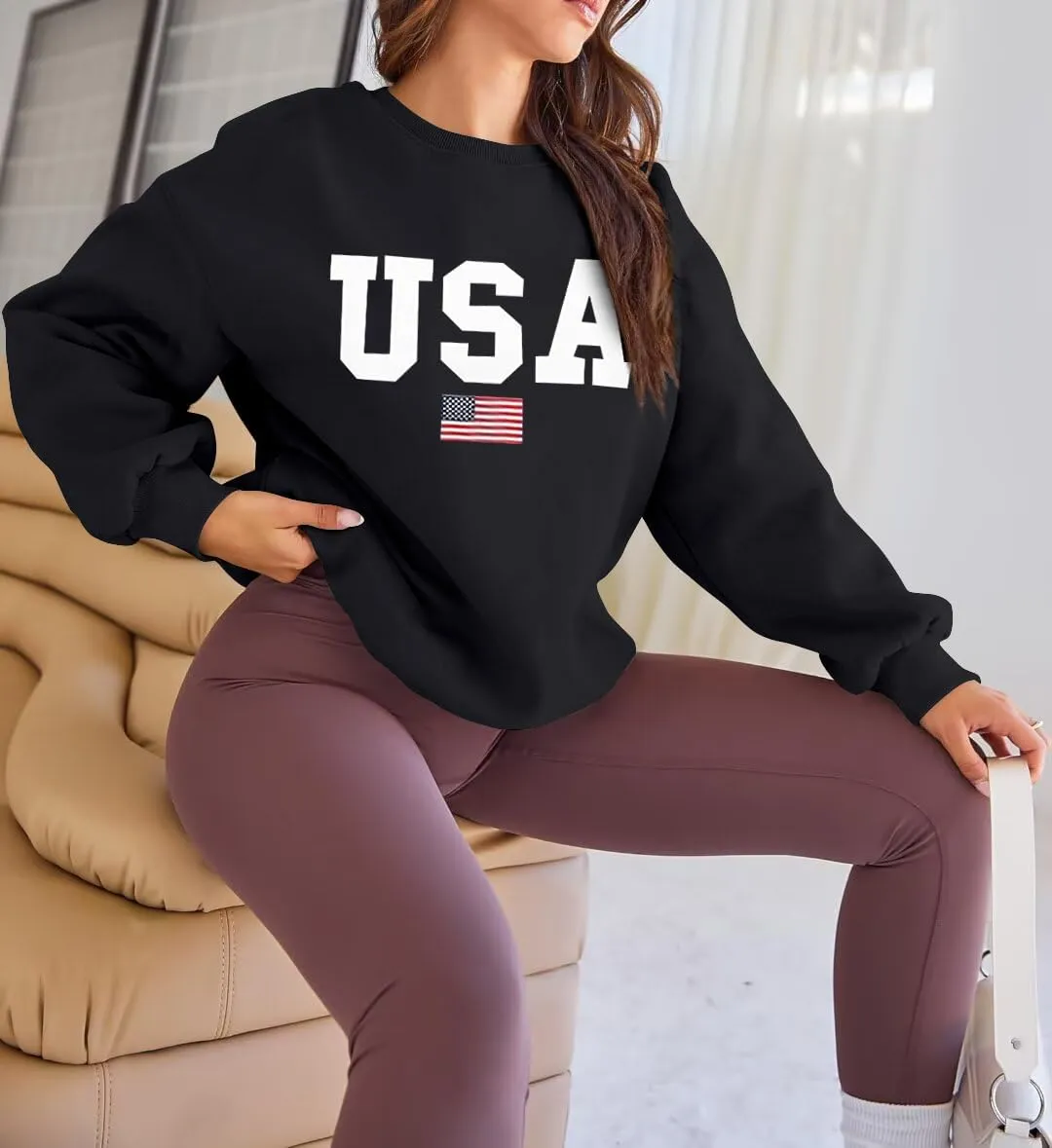 Lacozy Womens Oversized USA Sweatshirts American Flag Crewneck Sweater Long Sleeve Loose Fleece Tops 4th of July Outfits