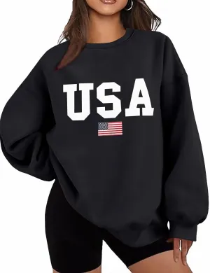 Lacozy Womens Oversized USA Sweatshirts American Flag Crewneck Sweater Long Sleeve Loose Fleece Tops 4th of July Outfits