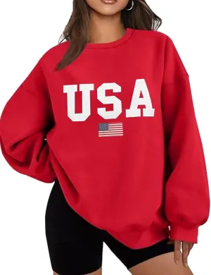 Lacozy Womens USA Graphic Sweatshirts American flag Crewneck Long Sleeve Sweater Loose Fleece Tops Fall Winter Clothes
