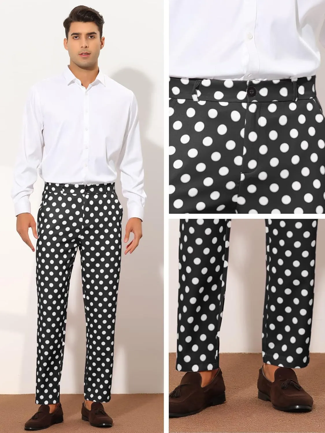 Lars Amadeus Polka Dots Dress Pants for Men's Regular Fit Flat Front Formal Printed Trousers
