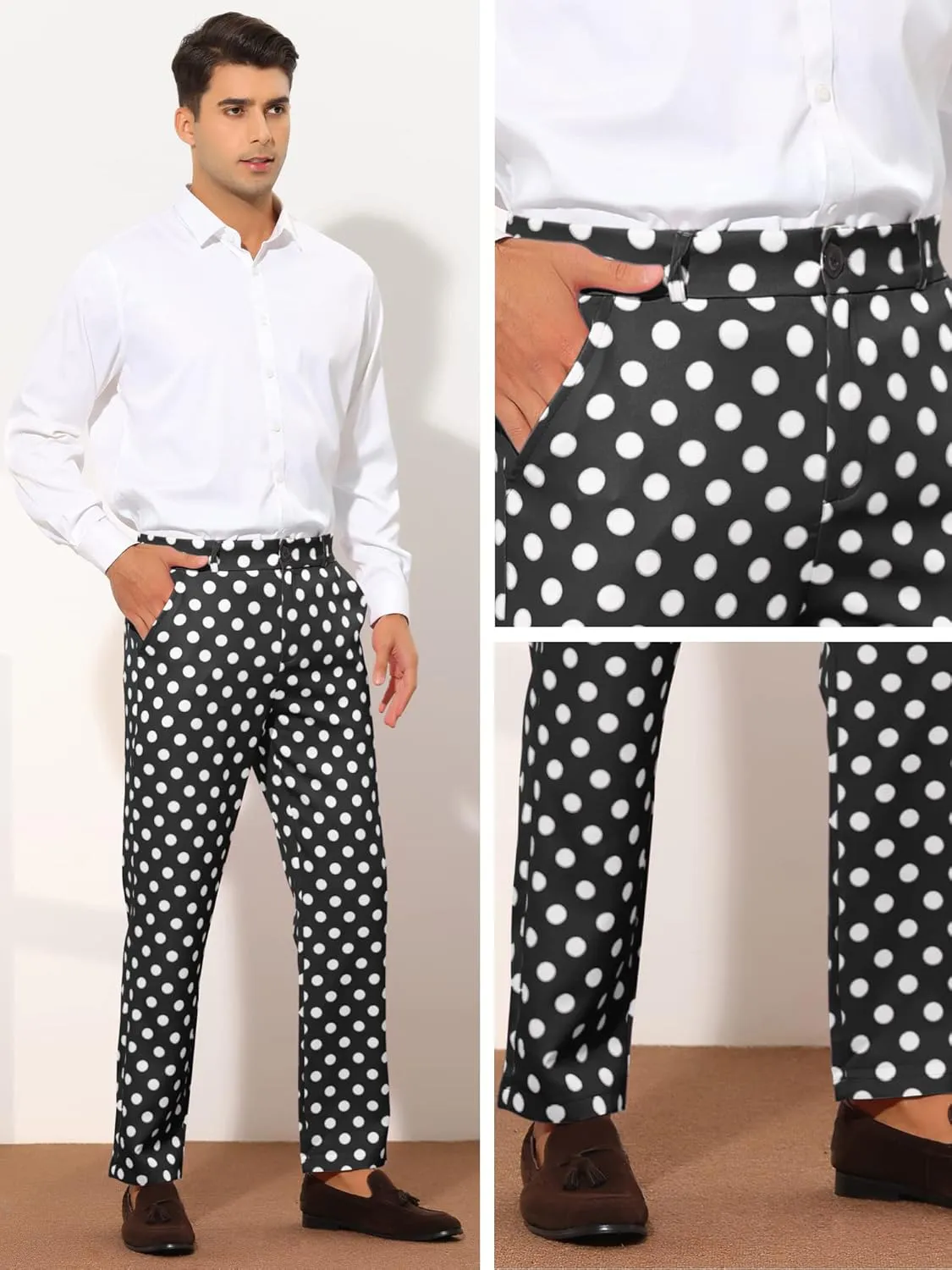 Lars Amadeus Polka Dots Dress Pants for Men's Regular Fit Flat Front Formal Printed Trousers