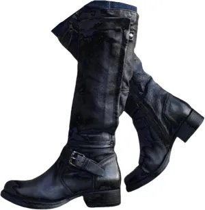 Lausiuoe Knee High Boots Women Wide Calf Flat Heel Stylish Comfortable Round Toe Flat Tall Riding Biker Motorcycle Boots