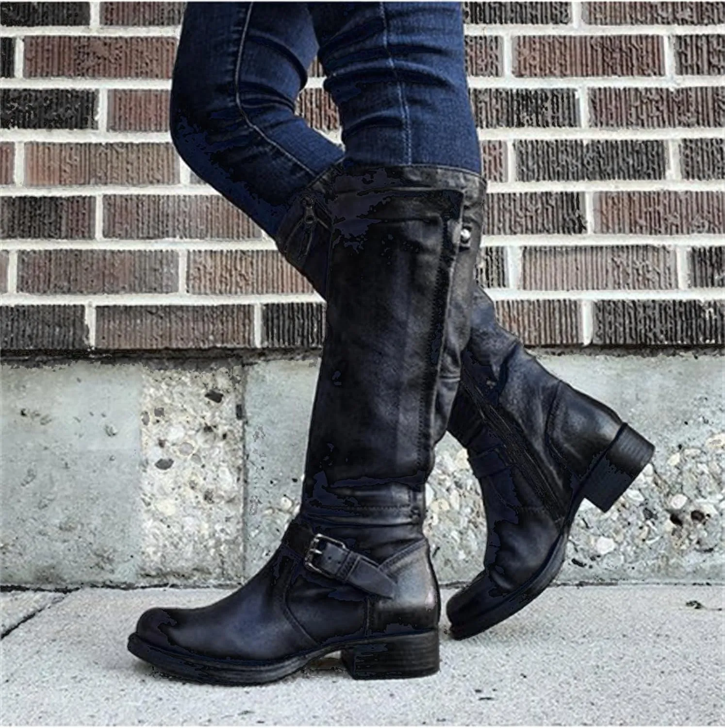 Lausiuoe Knee High Boots Women Wide Calf Flat Heel Stylish Comfortable Round Toe Flat Tall Riding Biker Motorcycle Boots