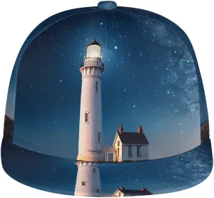 Lighthouse Under Starry Night Baseball Cap Hip Hop Style Flat Brim Trucker Hat, Adjustable Classic Snapback Hat for Men Women