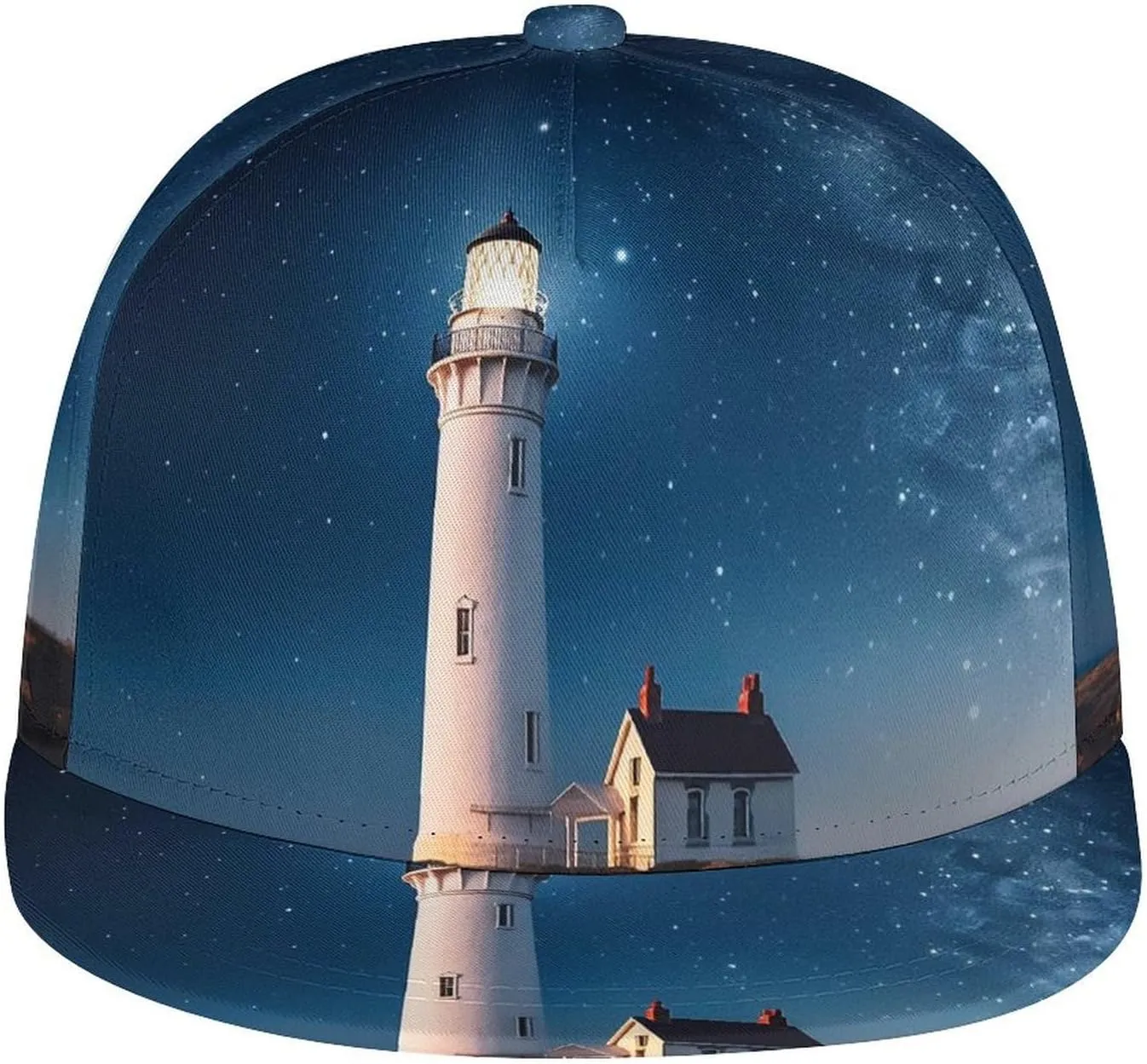 Lighthouse Under Starry Night Baseball Cap Hip Hop Style Flat Brim Trucker Hat, Adjustable Classic Snapback Hat for Men Women