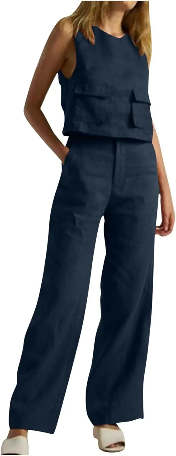 Linen 2 Piece Sets For Women Summer Beach Vacation Outfits 2024 Sleeveless Crop Top Long Pants Tracksuits Matching Set