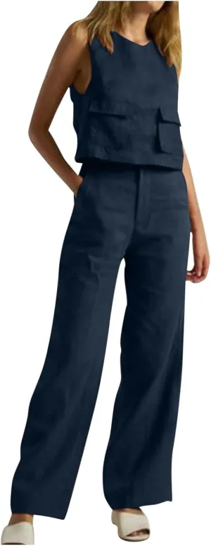 Linen 2 Piece Sets For Women Summer Beach Vacation Outfits 2024 Sleeveless Crop Top Long Pants Tracksuits Matching Set