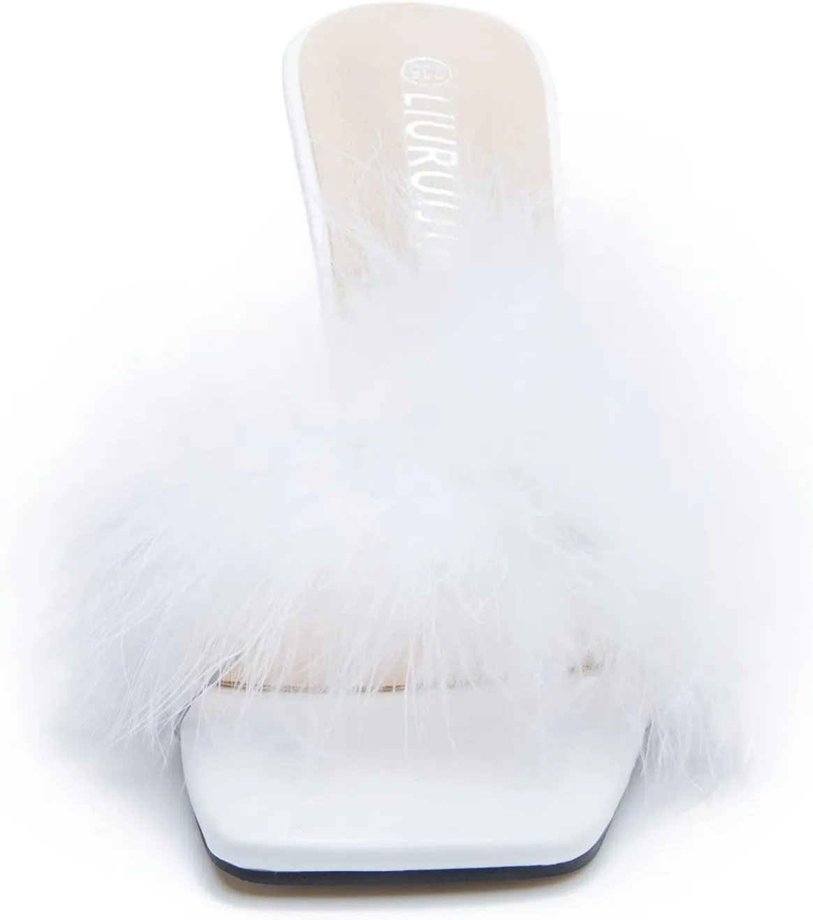 LIURUIJIA Women's Square Toe Feathers High Heels Fur Mules Sandals Fuzzy Fluffy Wedding Bridal Party Dress Shoes
