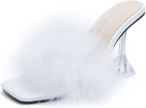 LIURUIJIA Women's Square Toe Feathers High Heels Fur Mules Sandals Fuzzy Fluffy Wedding Bridal Party Dress Shoes