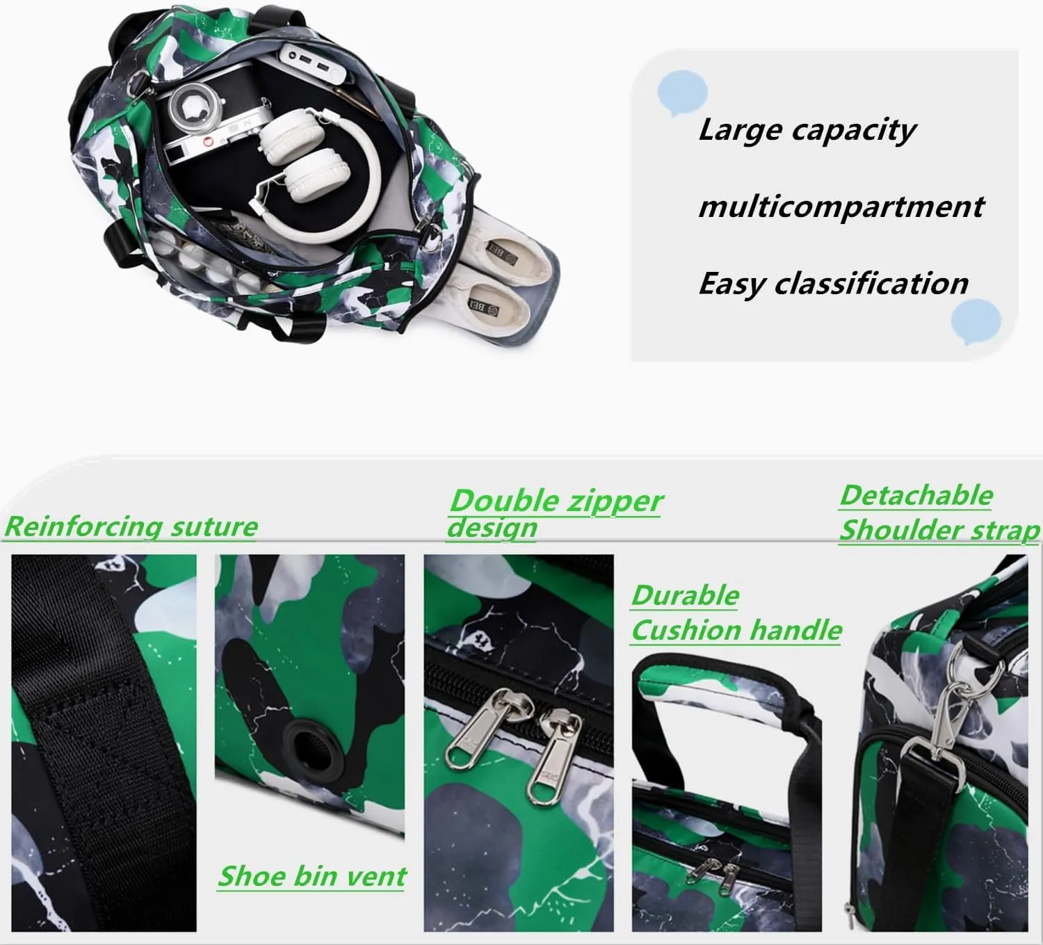 Lmwzh Travel Duffle Gym Sports Bag Dance Weekender Overnight Cheer Suitable For Kids Teen And Adults With Shoe Compartment Wet Pocket (Green)