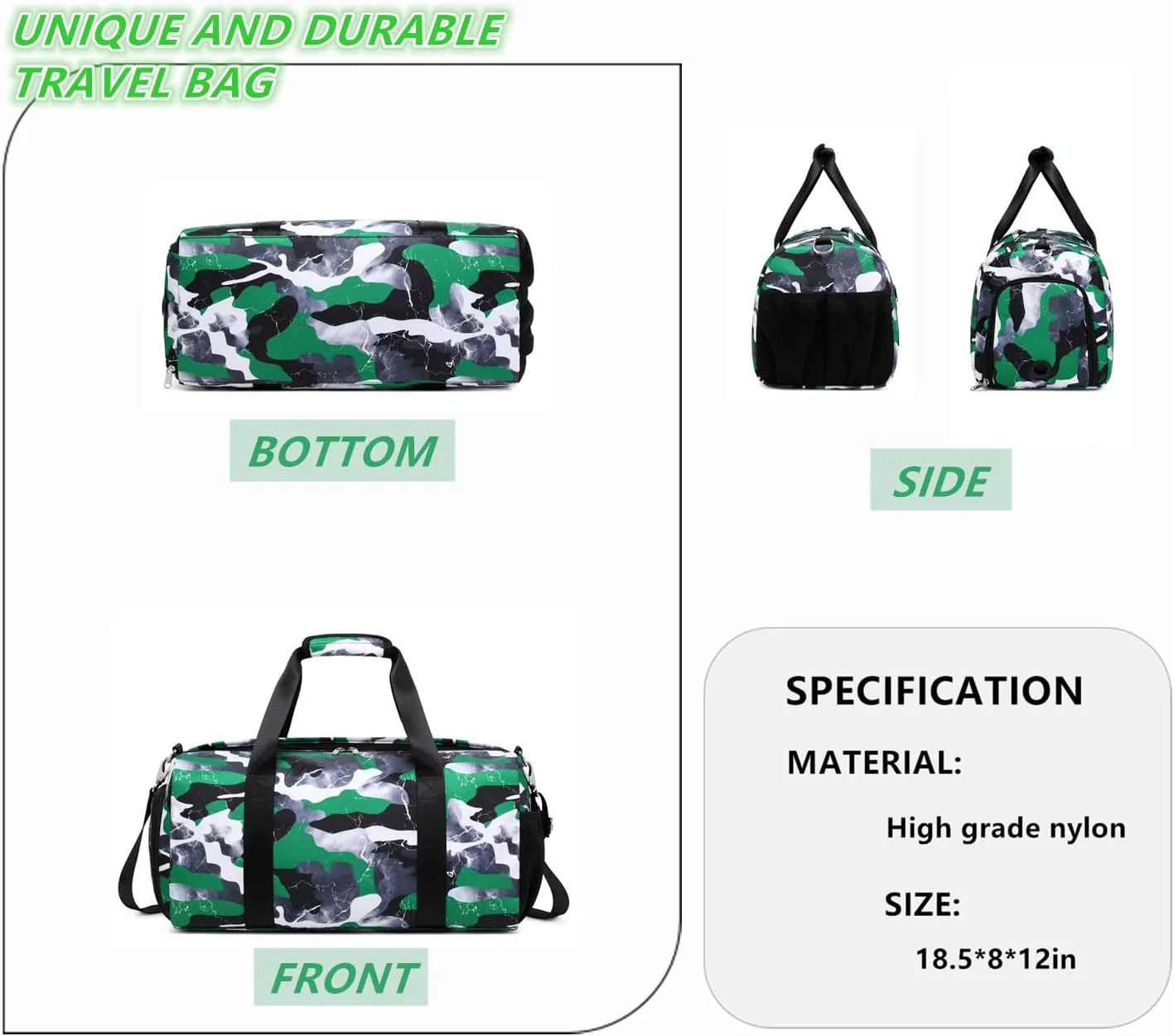 Lmwzh Travel Duffle Gym Sports Bag Dance Weekender Overnight Cheer Suitable For Kids Teen And Adults With Shoe Compartment Wet Pocket (Green)